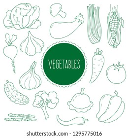 Set of elements on the theme of vegetables in the style of Doodle. Cabbage, beets, garlic, champignon, onion, carrot, tomato, corn, cucumber, pepper, asparagus, cauliflower. Vector