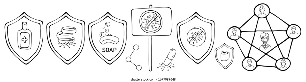 A set of elements on the theme of the virus. shields with the image of hygiene and protection means. Coronavirus. Victory over the virus. medicines for diseases. Vector hand-drawn stock illustration. 
