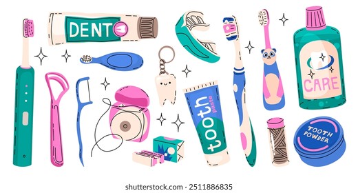 Set of elements on the topic of dental hygiene. Toothbrushes, pastes and other means of cleaning the oral cavity. Vector illustration in a modern flat cartoon style.