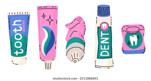 Conjunto de Elementos sobre el tema de la higiene dental. Cepillos de dientes, pastas y otros medios de limpieza de la cavidad bucal. Ilustración vectorial en un estilo de dibujos animados plano moderno.