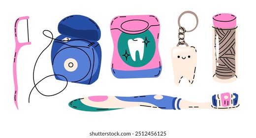 Conjunto de Elementos sobre el tema de la higiene dental. Cepillos de dientes, pastas y otros medios de limpieza de la cavidad bucal. Ilustración vectorial en un estilo de dibujos animados plano moderno.