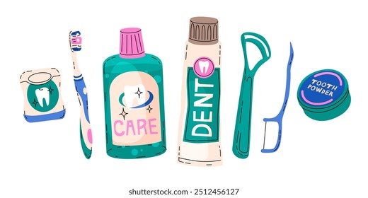 Conjunto de Elementos sobre el tema de la higiene dental. Cepillos de dientes, pastas y otros medios de limpieza de la cavidad bucal. Ilustración vectorial en un estilo de dibujos animados plano moderno.