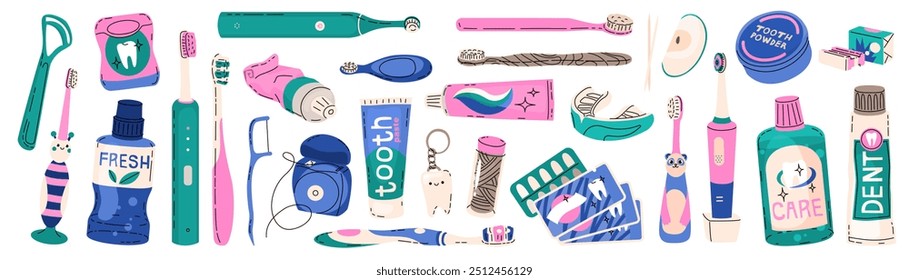 Conjunto de Elementos sobre el tema de la higiene dental. Cepillos de dientes, pastas y otros medios de limpieza de la cavidad bucal. Ilustración vectorial en un estilo de dibujos animados plano moderno.