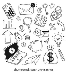 Set of elements on the topic of finance, money, earnings in a flat doodle style. Vector black and white illustration isolated on white background.