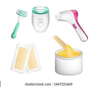 Set of elements on the topic of hair removal. Epilator, sugaring paste, shaving foam, laser epilator, wax epilation, wax, wax heating apparatus. Realistic Vector Illustration