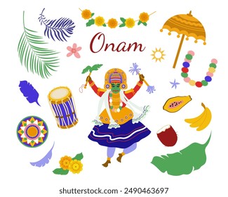 Conjunto de Elementos del Festival Indígena Onam en Kerala. Ilustración vectorial sobre fondo blanco