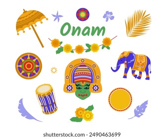 Set of elements of  Onam Indian Festival in Kerala. Vector illustration on a white background