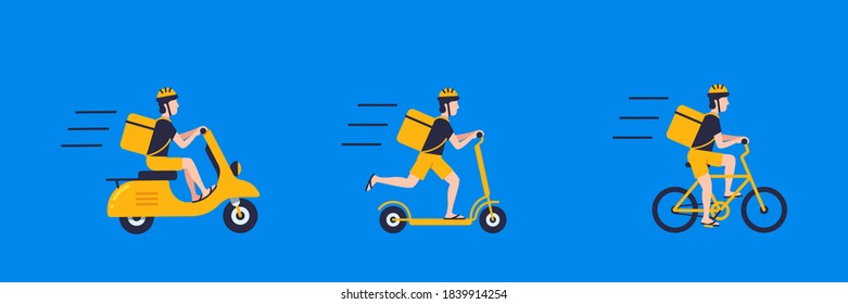 Set With Elements Online Delivery, Courier On Motorbike, Electric Scooter And Bike With Bag Delivery Concept Isolated