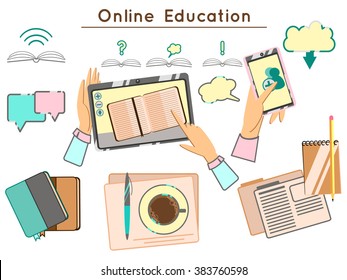 set of elements online education design template with books and tablets. Education, graduation, training material study, learning, reading  book, back to school. Flat design  website elements layout.