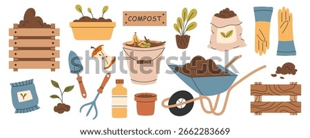 Set of elements for organic composting. Garden tools, fertilizer, organic waste, plants, wheelbarrow with soil, gloves, wooden compost bin. Vector illustration.