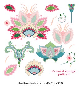 Set of elements of oriental flower create designs. 