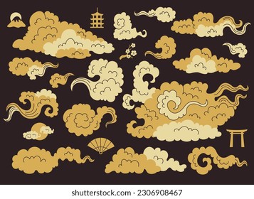 Set von Elementen im orientalischen japanischen Stil. Vintage asiatische Symbole mit Sakurazweig, goldene Wolken, Meeresschaum und chinesischer Architektur. Cartoon, handgezeichnet, Vektorgrafik einzeln auf dunklem Hintergrund