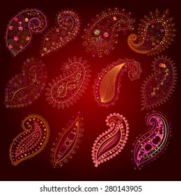 Set elements paisley indian national ornament. Multicolored floral motif. Ability to edit the groups and colors. EPS-8 vector format.