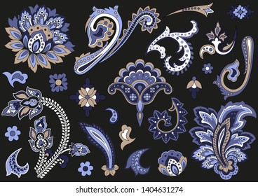 Set of elements in paisley style such as flowers and other floral motifs