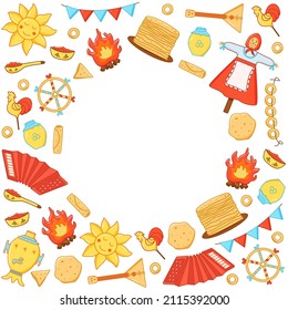 A set of elements of pancake day. Vector illustration of icons of the traditional Russian holiday Maslenitsa. A frame with an empty center for the text
