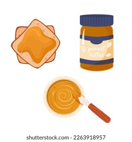 Set of elements Peanut butter jar, toast and bowl for cooking sweet breakfast. Toasts with peanut paste. Healthy protein food. Flat vector icons isolated on white background
