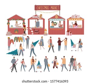 Set of elements and people on the Christmas Market for create holiday poster, greeting card and promotion banner. Store and People selling and shopping at walking street. 