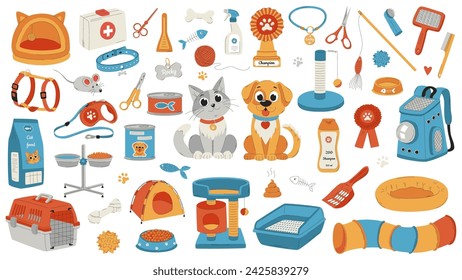 A set of elements for pet care. Cat and dog, smiling characters. Accessories, toys, grooming, food. A flat vector illustration isolated on a white background