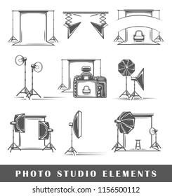 Set of elements of the photo studio isolated on white background. Symbols for photo studio design logos and emblems. Vector illustration