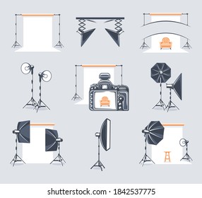 Set of elements of the photo studio. Symbols for photo studio design logos and emblems. Flat design element. Cartoon stile. Vector illustration