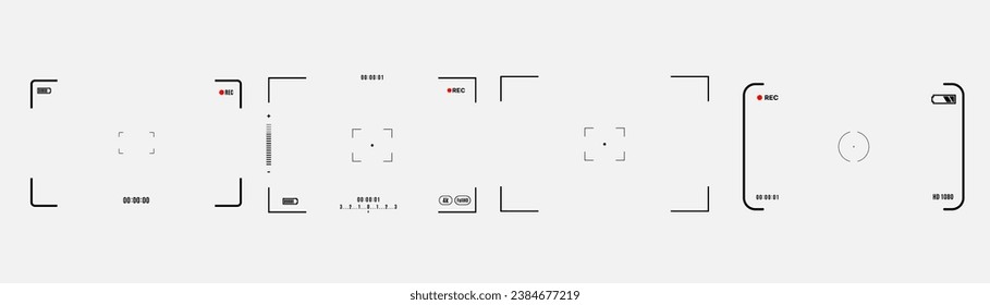 Set of elements for photo or video camera viewfinder screen. Includes vector display frame, focus and grid, zoom, shutter, preview, and shooting settings for digital, DSLR, analog cameras, or camcorde