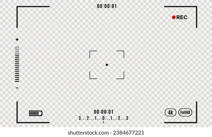 Set of elements for photo or video camera viewfinder screen. Includes vector display frame, focus and grid, zoom, shutter, preview, and shooting settings for digital, DSLR, analog cameras, or camcorde