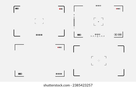 Set of elements for photo or video camera viewfinder screen. Includes vector display frame, focus and grid, zoom, shutter, preview, and shooting settings for digital, DSLR, analog cameras, or camcorde