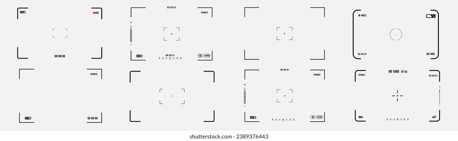 Set of elements for photo or video camera viewfinder screen. Includes vector display frame, focus and grid, zoom, shutter, preview, and shooting settings for digital, DSLR, analog cameras, or camcorde