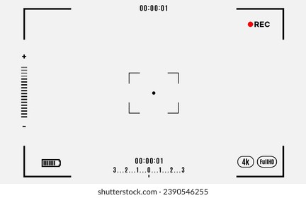 Set of elements for photo or video camera viewfinder screen. Includes vector display frame, focus and grid, zoom, shutter, preview, and shooting settings for digital, DSLR, analog cameras, or camcorde