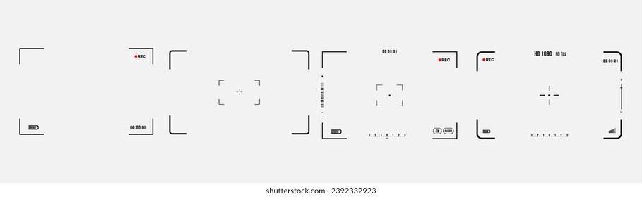 Conjunto de elementos para la pantalla del visor de cámaras fotográficas o de vídeo. Incluye el marco de visualización vectorial, el enfoque y la cuadrícula, el zoom, el obturador, la previsualización y la configuración de grabación para cámaras digitales, réflex digitales, analógicas o camascopios