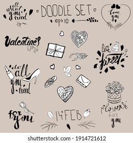 Set of elements and phrases for the holidays. Valentine's Day. Wedding. Tattoo. Mothers Day. Isolated pictures on a grey background. Vector. Eps 10.	