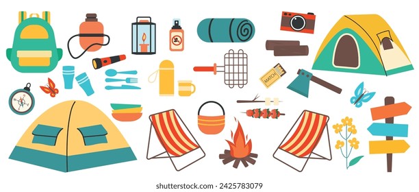 Un conjunto de elementos para un picnic, camping, recreación al aire libre, una tienda de campaña, sillas plegables, fósforos, mosquito spray, una linterna de camping, una olla, pinchos y una parrilla de rejilla. Ilustración de vector