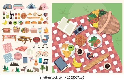 Set of elements for picnic. Summer picnic on meadow with food and drink. Editable vector illustration