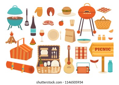 Set of elements for picnic vector illustration. Picnic in nature in summer. Illustration barbecue outdoors. Collection of icons for picnic: barbecue grills, basket, steak, fruits, sandwich, wine.