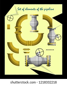 A set of elements of the pipeline, depicted on a crumpled sheet of paper. Technical fantasy in vintage style. Vector illustration