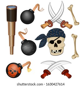 Set of elements for the pirate adventure. Spyglass, pirate skull in a blue scarf with a pattern of bombs, gnawed bones, sharp daggers. Kit for a party of pirates.