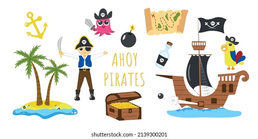 Set of Elements Pirates Children's Illustration Sea Adventure