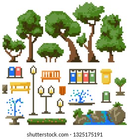 set of elements for pixel park isolated on white background vector. Simple vector illustration in pixel art style.