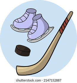 A set of elements for playing hockey, a round card. sports equipment for winter sports