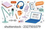 Set of elements for podcast. Microphone, headphones and laptop. Gadget and device, electronic equipment. Coffee and notebook with pencil. Cartoon flat vector collection isolated on white background