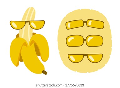 Set of elements for postcards. Funny banana in glasses. Different sunglasses. Yellow delicious fruit for summer design. Funny banana - character.