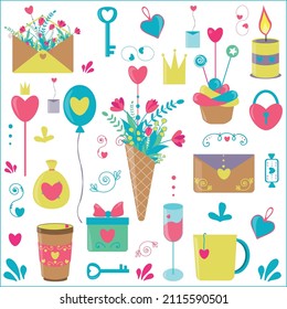 A set of elements for postcards posters posters on the theme of love