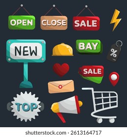 Set Elements, Product Labels, Icons in Supermarket for Shopping, Cute Style,open closed sign. Vector Illustration
