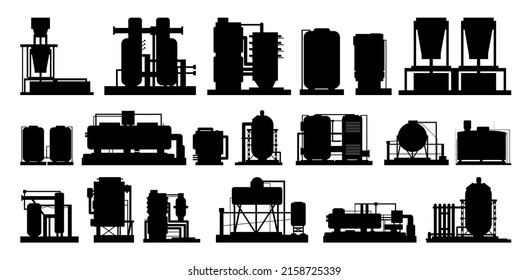 Set elements of Production plant. Silhouette of objects. Isolated on white background. Industrial technical equipment. Factory chemical. Modern technology enterprise. Vector.