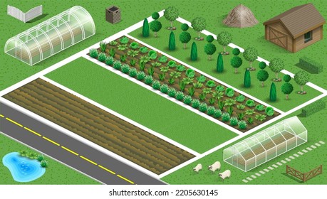 Set of elements for a project or scheme farm. Buildings, fences and garden with plants, vegetables. Vector graphics. Architectural isometrics