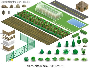 Set of elements for a project or scheme farm. Buildings, fences and garden with plants, vegetables. Vector graphics. Architectural isometrics