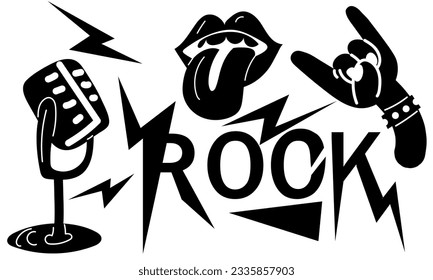 A set of elements of punk rock and roll. Vector illustrations of hard rock, signs, lightning microphone, tongue, hands. Cartoon rock star badges for music group, concert, party. Isolated on a white