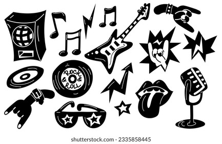 A set of elements of punk rock and roll. Vector illustrations of hard rock, signs, objects, symbols. Cartoon rock star icon for music group, concert, party. Isolated on a white background.