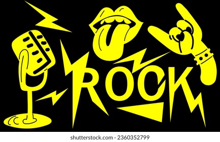 A set of elements of punk rock and roll. Vector illustrations of hard rock, signs, lightning microphone, tongue, hands. Cartoon rock star badges for music group, concert, party. Isolated on a white.