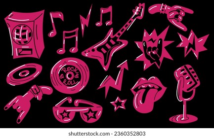 A set of elements of punk rock and roll in pink. Vector illustrations of hard rock, signs, objects, symbols. Cartoon rock star icon for a musical group, concert, party. Isolated on a white background.